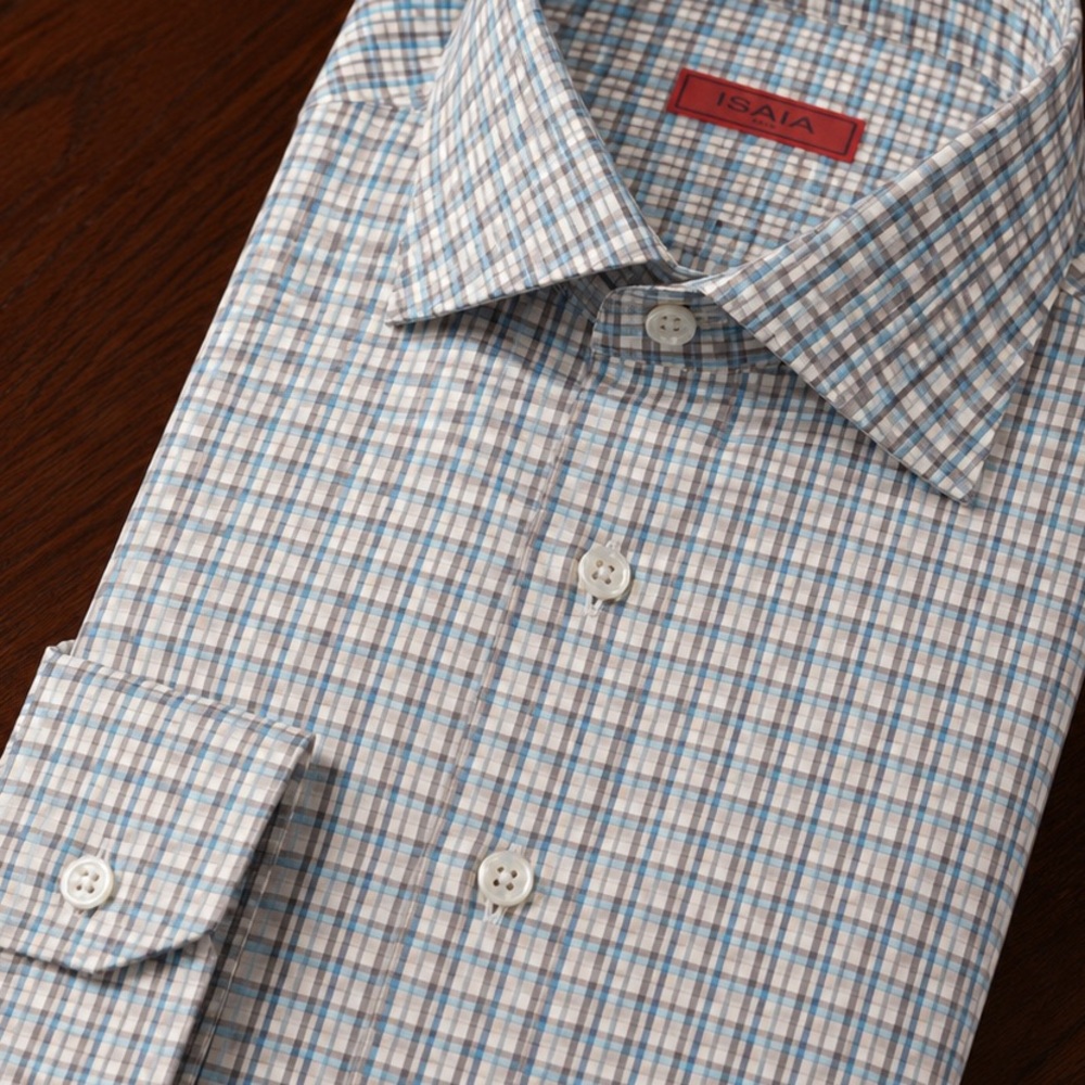 Isaia Aqua and Grey Grid on a Premium Luxury Italian Dress Shirt